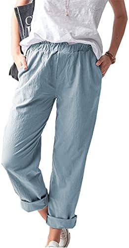 נשים מוצק מכנסיים לנשים טרנדי אטימות כותנה פשתן מכנסיים כיס מזדמן בתוספת גודל בציר יוגה מכנסיים בגדים