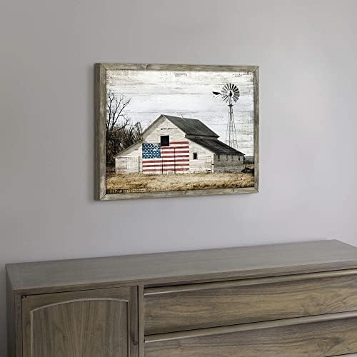 תמונת עץ אמנות עיצוב קיר: יצירות אמנות של אסם ישן כפרי ציור דגל אמריקאי ציור טחנת רוח אפורה הדפסים נוף לחווה ביתי לקישוט סלון