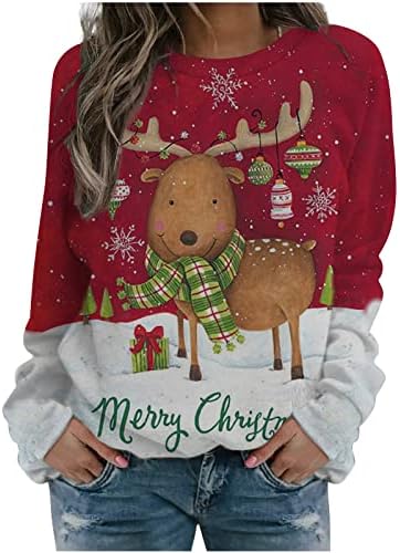 סווטשירט לחג המולד נשים, צמרות חג מולד עליזות ומוארות חולצת סוודר חמודה חולצות צווארון צווארון חולצות שרוול ארוך חולצות חג