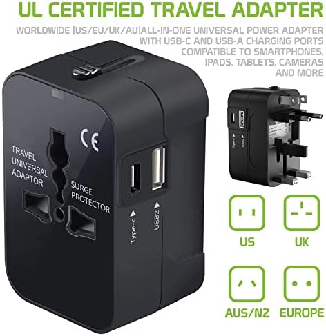 Travel USB פלוס מתאם כוח בינלאומי תואם ל- Videocon Infinium X40 Pro עבור כוח עולמי לשלושה מכשירים USB Typec, USB-A לנסוע בין ארהב/איחוד האירופי/AUS/NZ/UK/CN