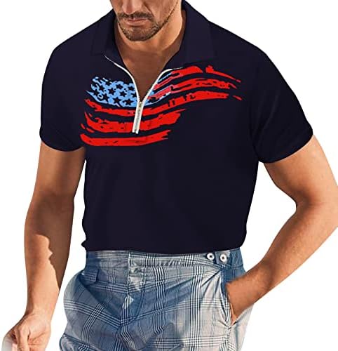 XXBR 4 ביולי חולצות פולו לגברים קיץ שרוול קצר פטריוטי דגל אמריקאי רוכסן רוכסן צווארון גולף מזדמן