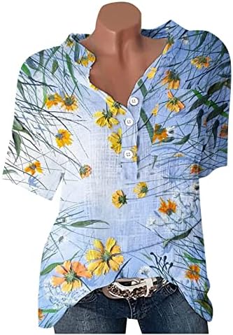 חולצות לנשים שרוולים קצרים בתוספת גודל רופף מזדמן חולצה בוהו פרחוני חולצה כפתור עד צווארון אמא חולצה טיז חולצה