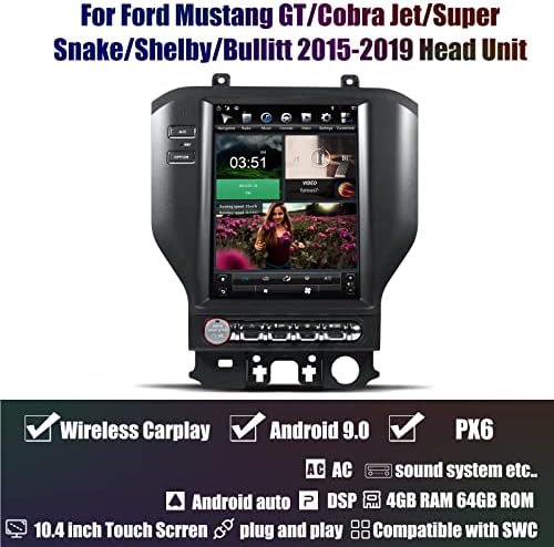 Aucarauto עבור פורד מוסטנג 2015-2019 טסלה בסגנון אנדרואיד 9.0 רדיו רדיו רדיו יחידת מולטימדיה סטריאו סטריאו נגן וידאו, 10.4 אינץ '1080p מסך מגע 4GB RAM + 64GB ROM GPS ניווט עם Carplay Wireless.